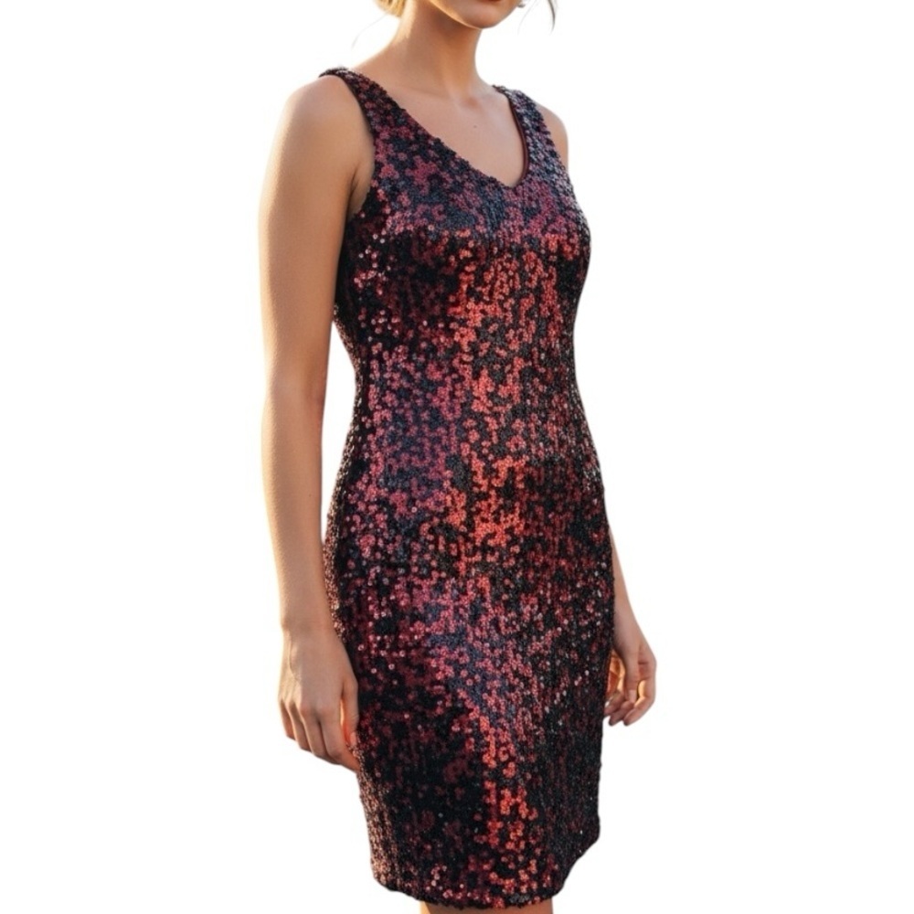 Olivia Matthews 8 Red Black Sequin Mini Stretch Dress